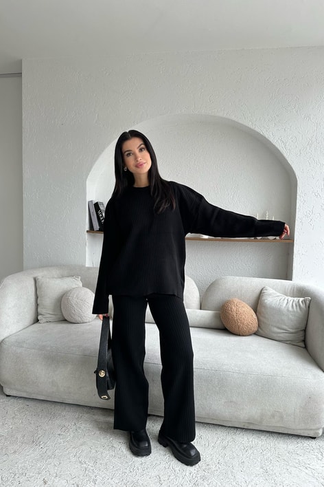 Oversize Fitilli Triko Takım Siyah