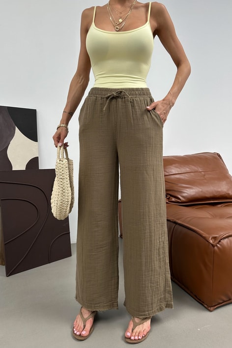 Palazzo Müslin Pantolon Haki Pantolon