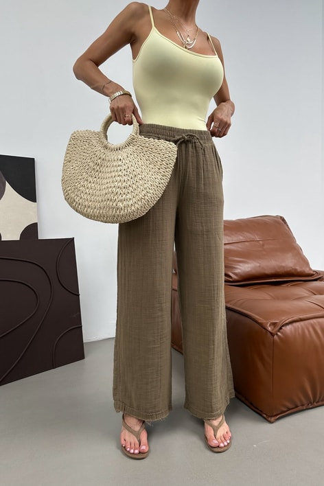 Palazzo Müslin Pantolon Haki Pantolon