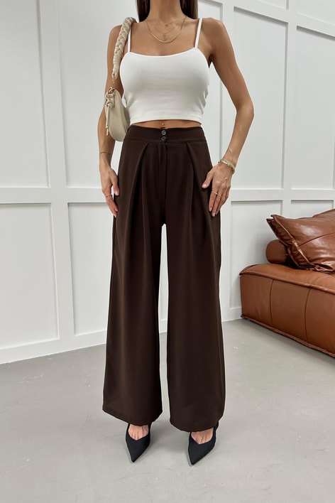 Arka Bel Lastik Geniş Paça Crep Pantolon Kahve