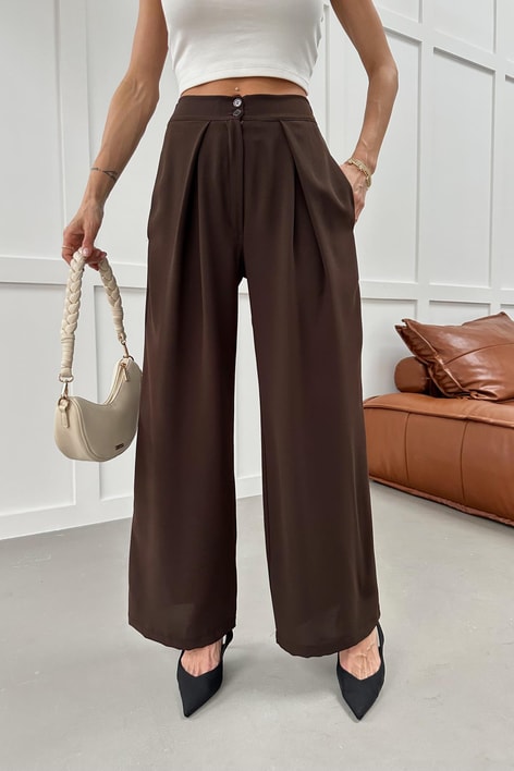 Arka Bel Lastik Geniş Paça Crep Pantolon Kahve