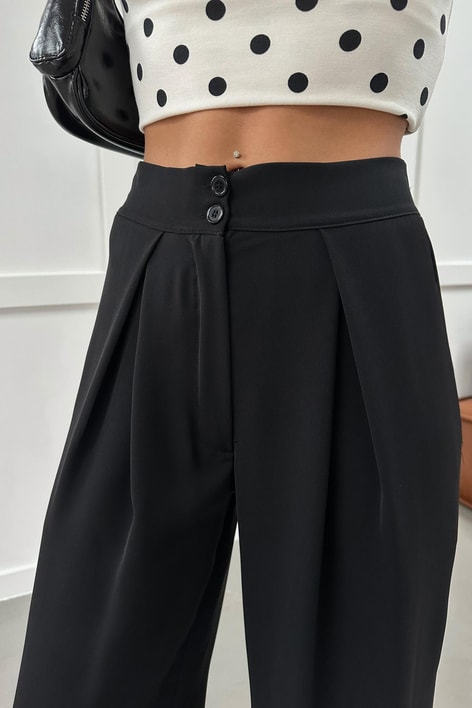 Arka Bel Lastik Geniş Paça Crep Pantolon Siyah