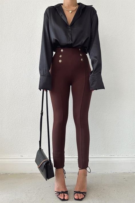 Arma Düğmeli Nervür Dikişli Pantolon Kahve