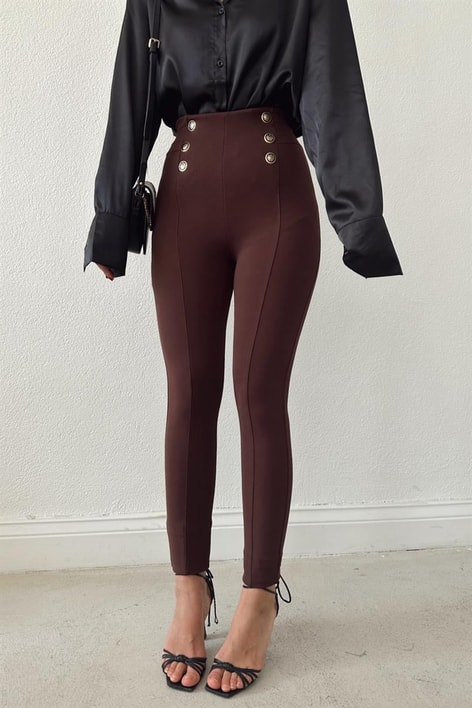 Arma Düğmeli Nervür Dikişli Pantolon Kahve