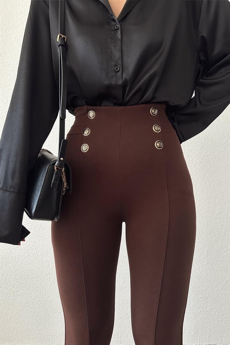 Arma Düğmeli Nervür Dikişli Pantolon Kahve