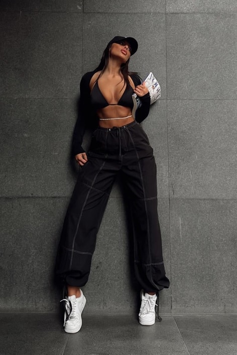 Bağcıklı Dikiş Detay Kargo Pantolon Siyah