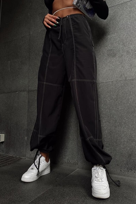 Bağcıklı Dikiş Detay Kargo Pantolon Siyah