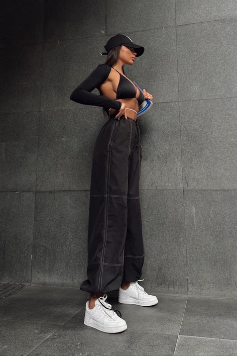 Bağcıklı Dikiş Detay Kargo Pantolon Siyah