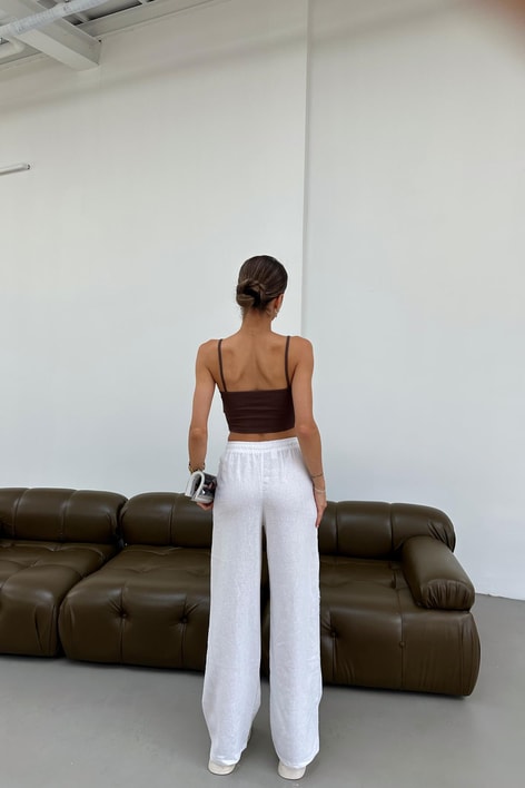 Bağcıklı Keten Pantolon Beyaz