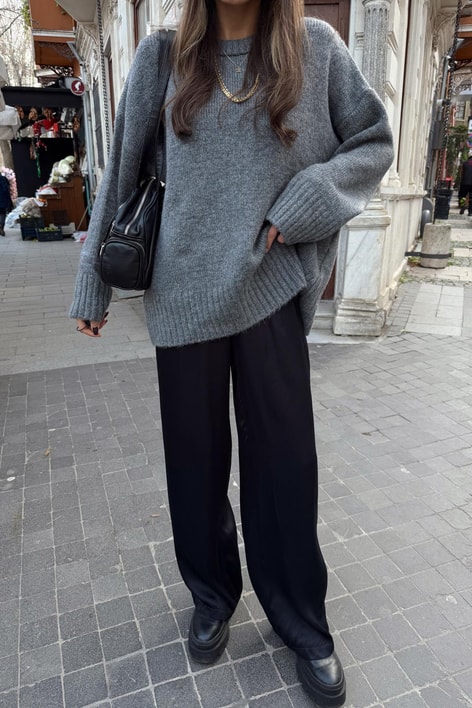 Bağcıklı Saten Pantolon Siyah