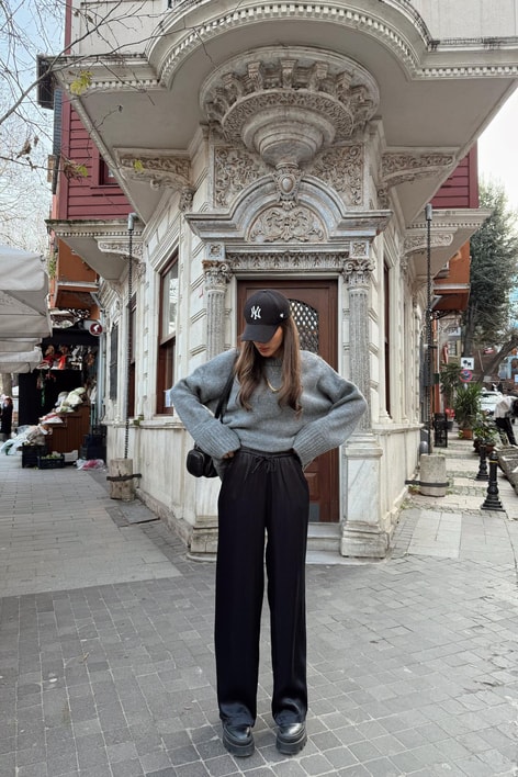 Bağcıklı Saten Pantolon Siyah