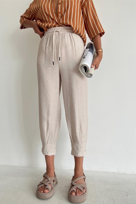 Bel Bağcıklı Keten Baggy Pantolon Taş