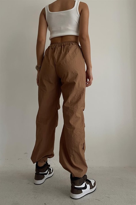 Bel Büzgülü Straight Fit Pantolon Camel