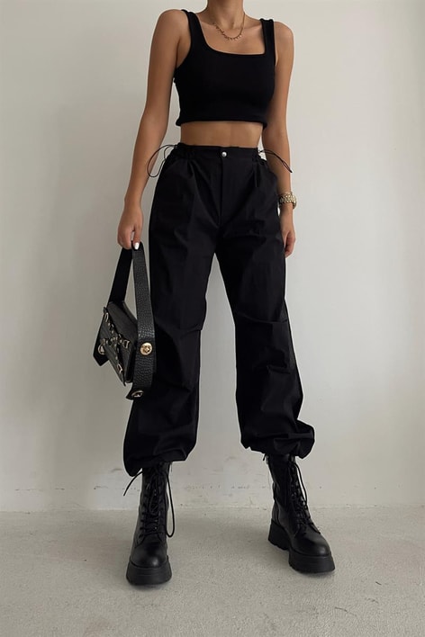 Bel Büzgülü Straight Fit Pantolon Siyah