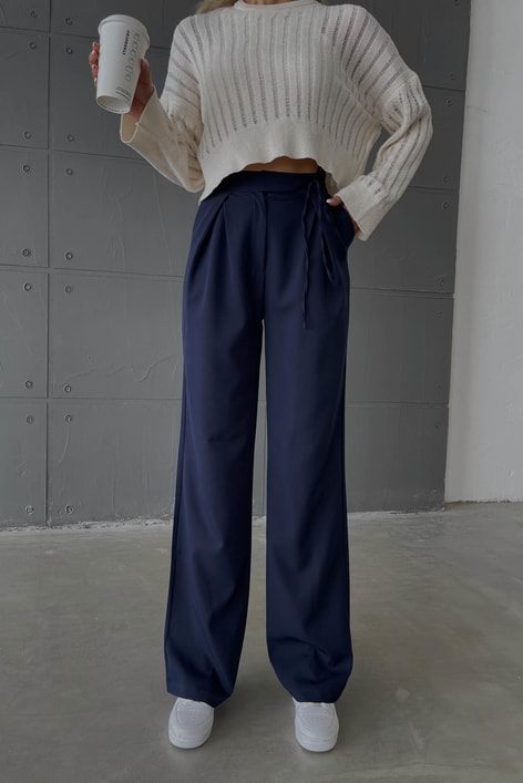 Bel İp Detaylı Palazzo Pantolon Lacivert