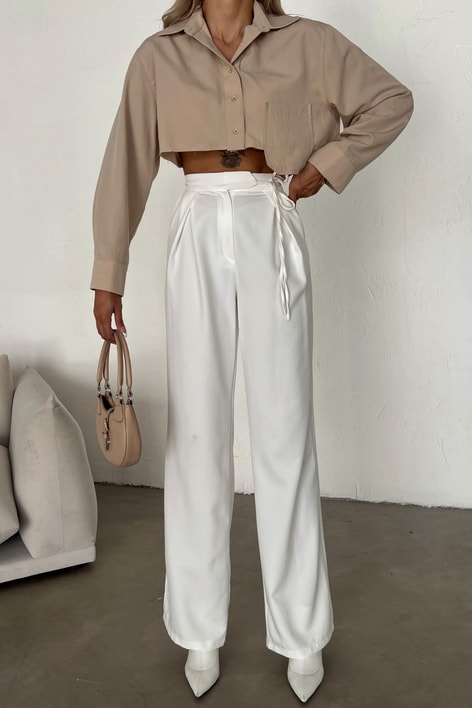 Bel İp Detaylı Palazzo Pantolon Beyaz
