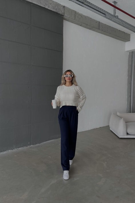 Bel İp Detaylı Palazzo Pantolon Lacivert