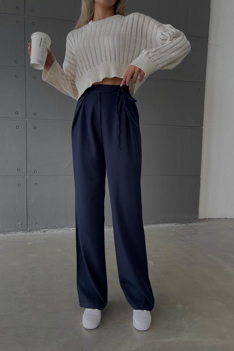 Bel İp Detaylı Palazzo Pantolon Lacivert