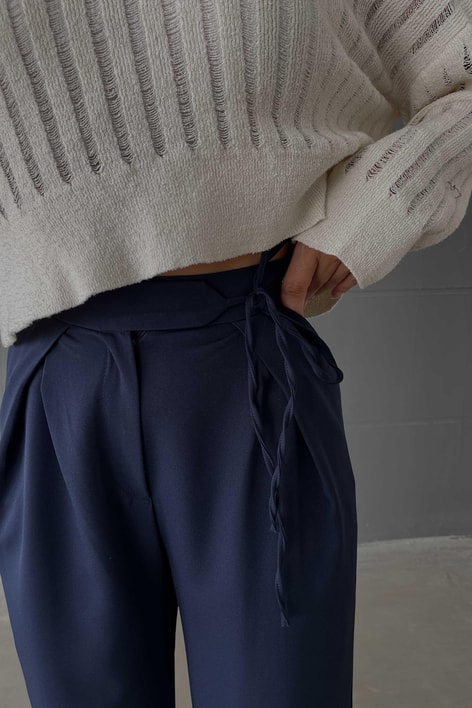 Bel İp Detaylı Palazzo Pantolon Lacivert