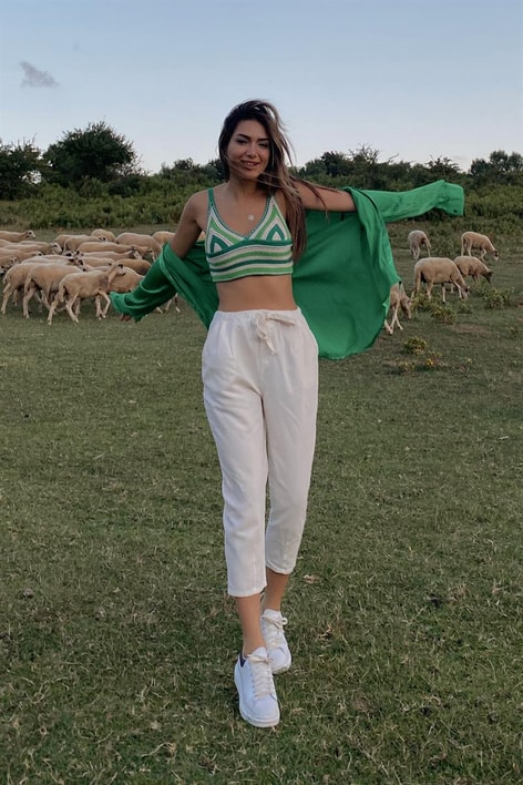 Bel İpli Salaş Gabardin Pantolon Ekru