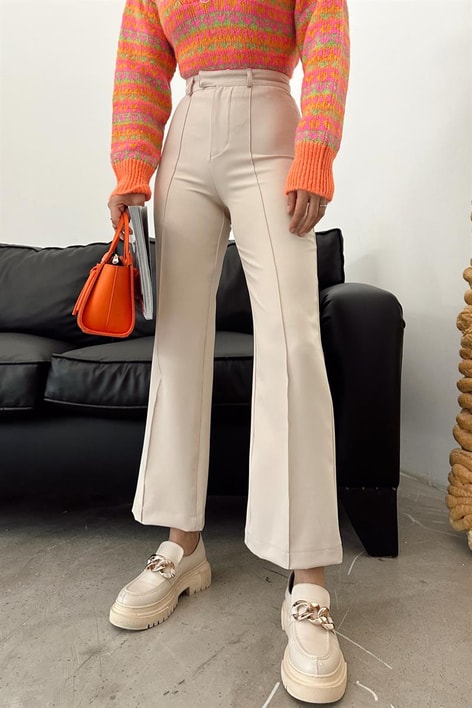 Bel Kapamalı Geniş Paça Pantolon Taş