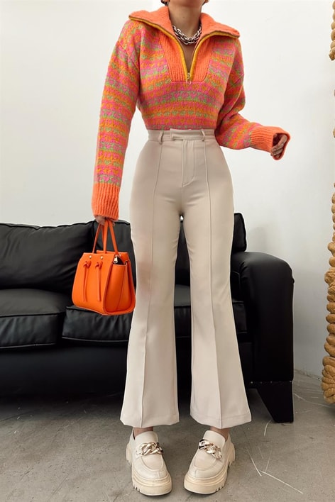 Bel Kapamalı Geniş Paça Pantolon Taş