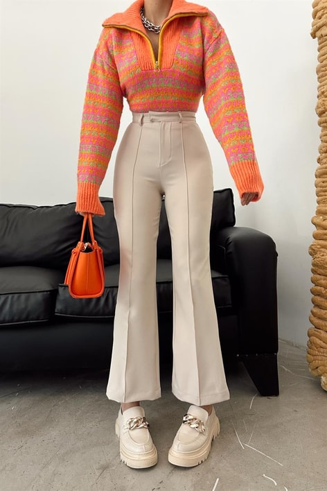 Bel Kapamalı Geniş Paça Pantolon Taş