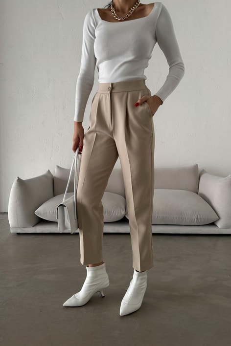 Beli Lastikli Havuç Pantolon Bej