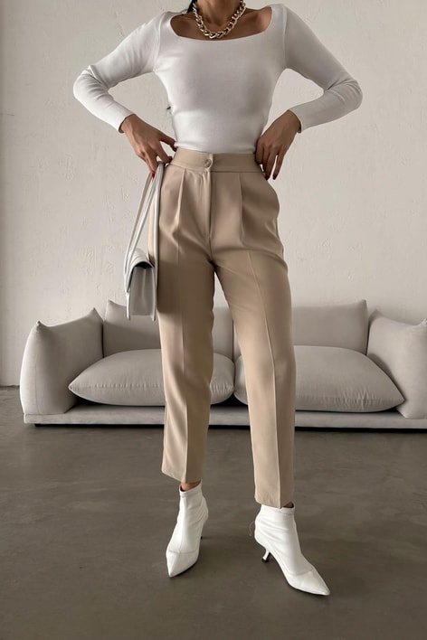 Beli Lastikli Havuç Pantolon Bej