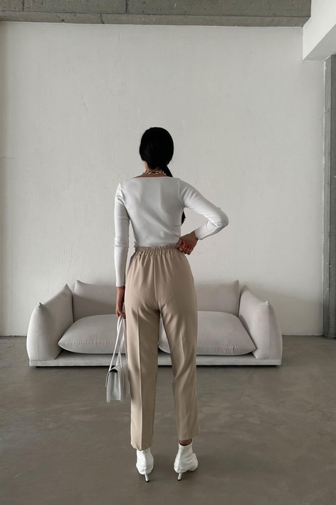 Beli Lastikli Havuç Pantolon Bej