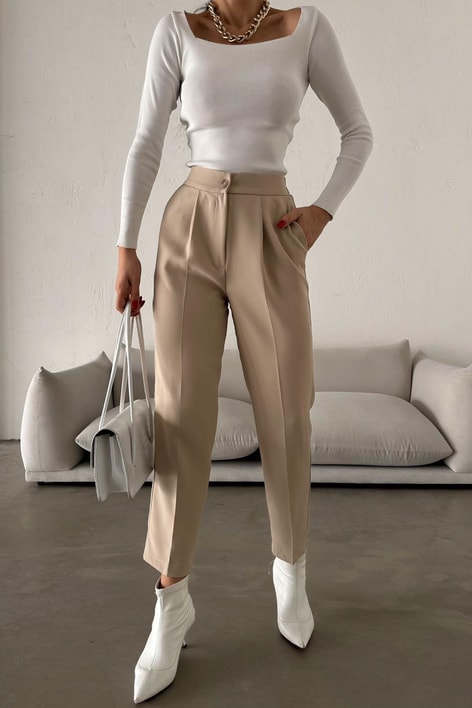 Beli Lastikli Havuç Pantolon Bej