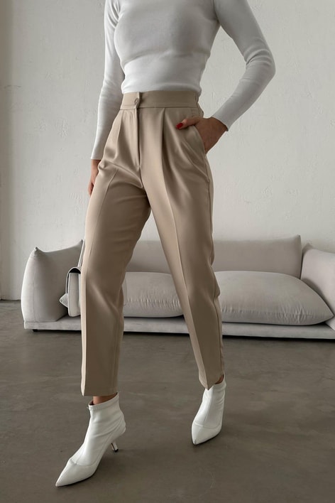 Beli Lastikli Havuç Pantolon Bej