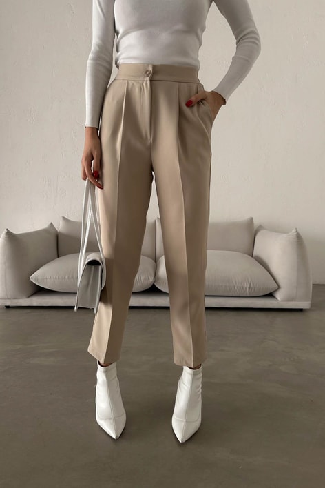 Beli Lastikli Havuç Pantolon Bej