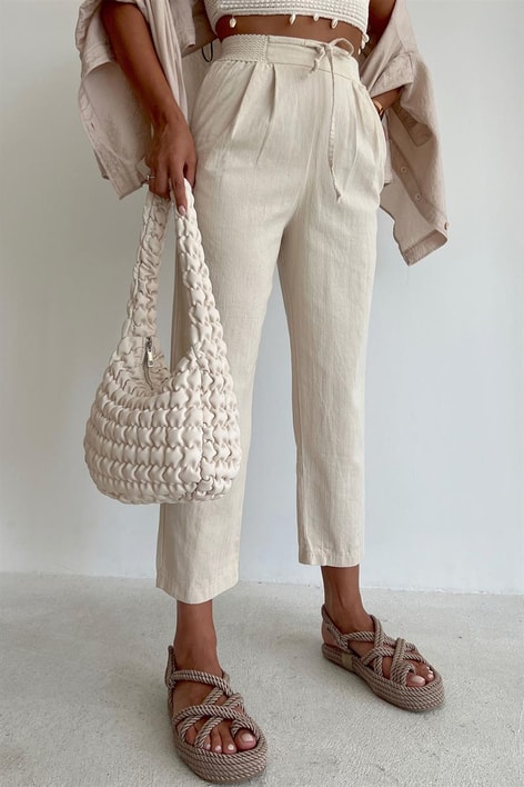 Beli Lastikli Keten Havuç Pantolon Bej