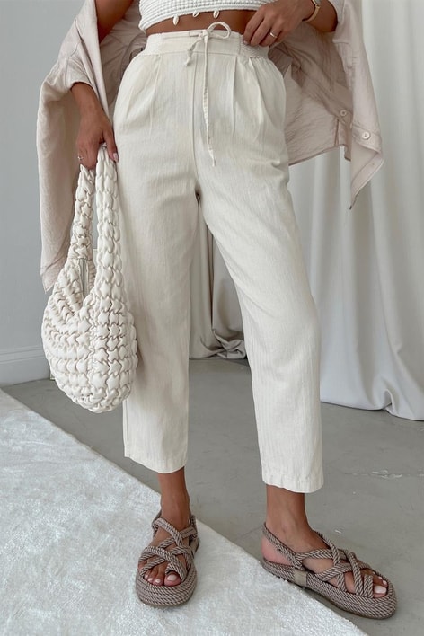 Beli Lastikli Keten Havuç Pantolon Bej