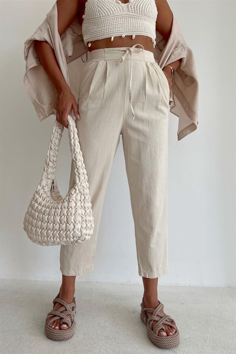 Beli Lastikli Keten Havuç Pantolon Bej