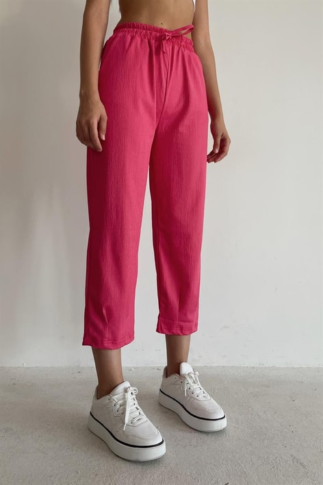 Beli Lastikli Krinkıl Pantolon Fuşya