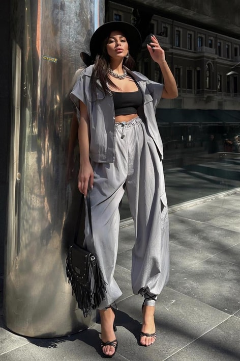 Bol Paça Kargo Paraşüt Pantolon Gri