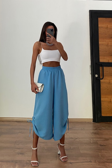 Büzgülü Culotte Pantolon Mavi
