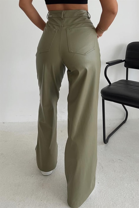 Dikiş Detay Deri Pantolon Haki