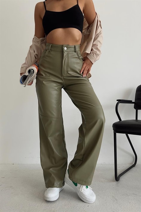 Dikiş Detay Deri Pantolon Haki