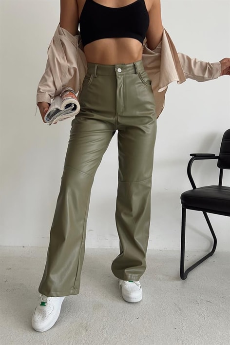 Dikiş Detay Deri Pantolon Haki