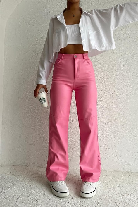 Dikiş Detay Deri Pantolon Pembe