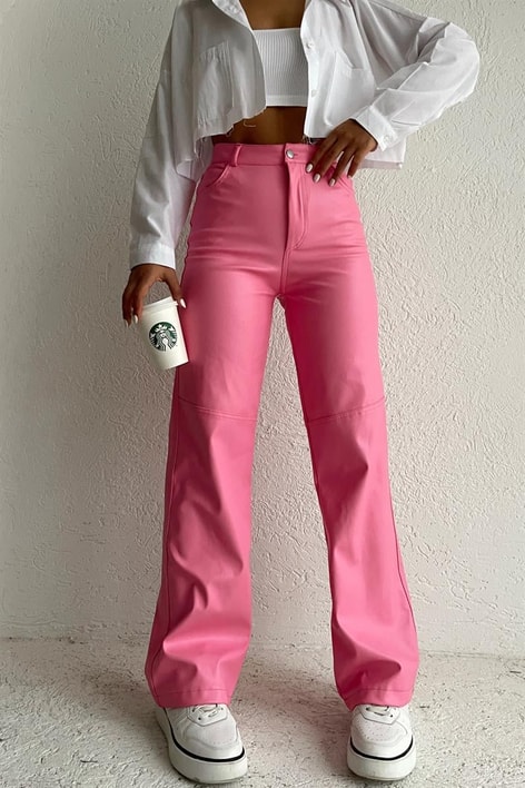 Dikiş Detay Deri Pantolon Pembe