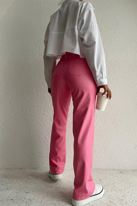 Dikiş Detay Deri Pantolon Pembe