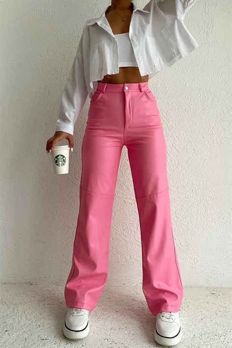 Dikiş Detay Deri Pantolon Pembe