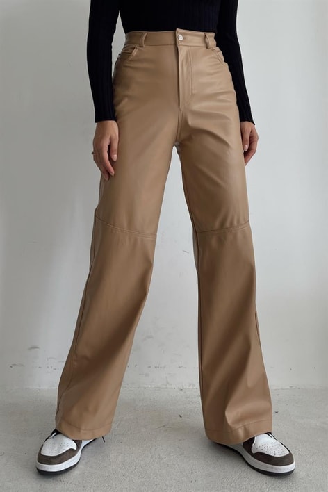 Dikiş Detay Deri Pantolon Vizon