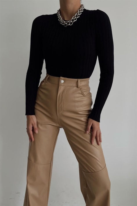 Dikiş Detay Deri Pantolon Vizon