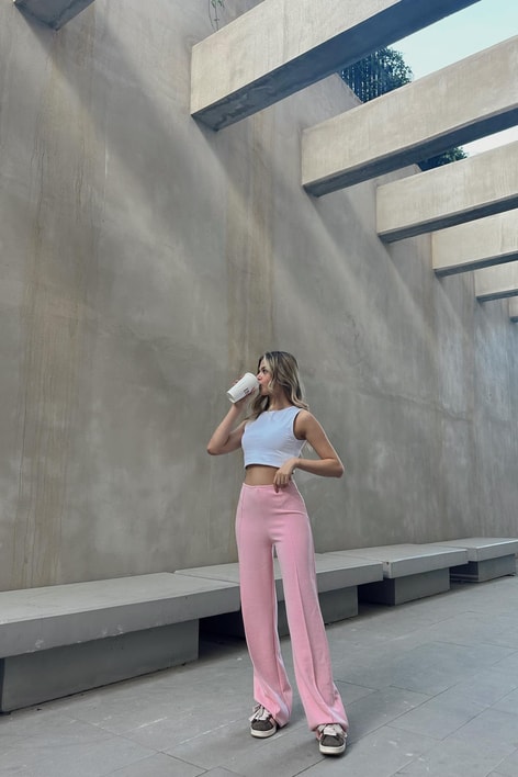 Dikiş Detay Scuba Palazzo Pantolon Pembe