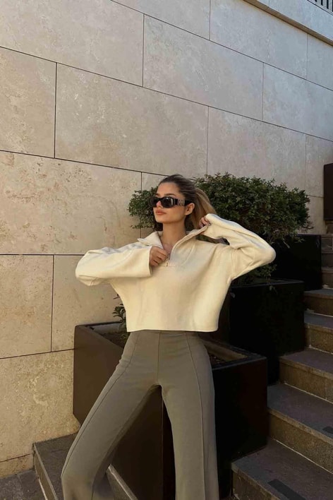 Dikiş Detay Scuba Palazzo Pantolon Haki